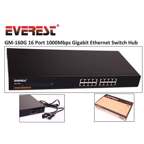 Everest GM-160G 16Port 10/100/1000Mbps 19 Rock Uyumlu Metal Kasa Gigabit Ethernet Switch Hub 416024